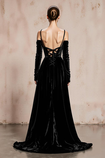 Black Cold Shoulder A-Line Velvet Long Sleeves Military Ball Dresses